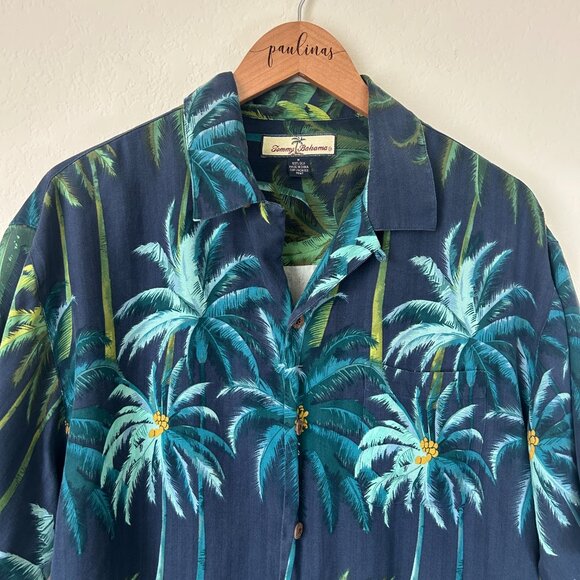 Tommy Bahama Shirt Mens Medium Navy Blue Tropical Hawaiian Silk Palm Tree Print - Picture 2 of 8